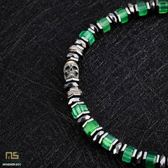Green Agate Skull Silver - Healing Gemstone Bead Bracelet | 6mm