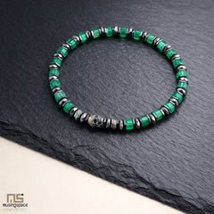 Green Agate Skull Silver - Healing Gemstone Bead Bracelet | 6mm