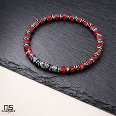 Red Agate Skull Silver - Healing Gemstone Bead Bracelet | 6mm