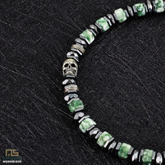 Green Spot Jasper Skull Silver - Healing Gemstone Bead Bracelet | 6mm