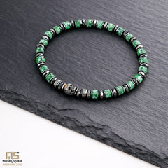 Green Spot Jasper Skull Silver - Healing Gemstone Bead Bracelet | 6mm