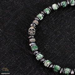 Green Spot Jasper Skull Silver - Healing Gemstone Bead Bracelet | 6mm