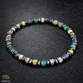 Green Agate, Grey Picture, Yellow Turquoise, Lapis Lazuli Sterling Silver Skull - Healing Gemstone Mens Beaded Bracelets | 6mm