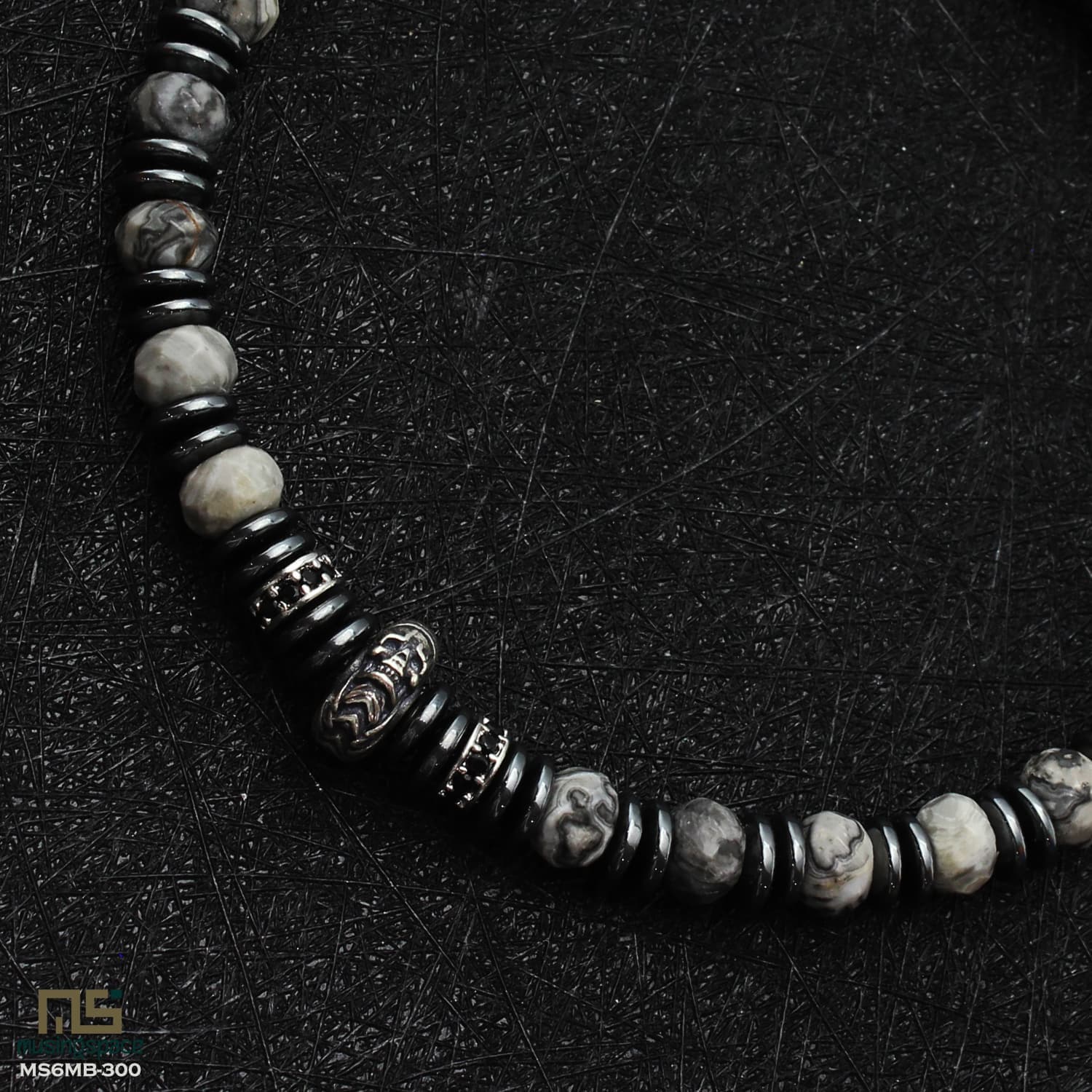 Grey Picture Jasper Skeleton Silver - Healing Gemstone Bead Bracelet | 6mm