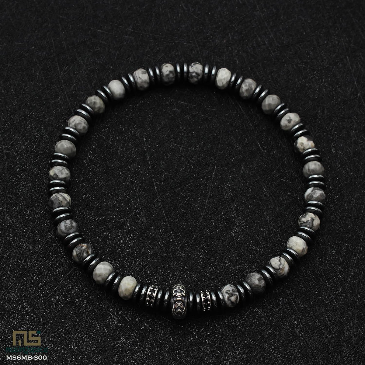 Grey Picture Jasper Skeleton Silver - Healing Gemstone Bead Bracelet | 6mm