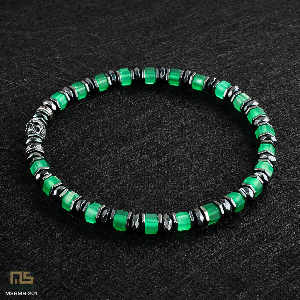 Green Agate Skull Silver - Healing Gemstone Bead Bracelet | 6mm