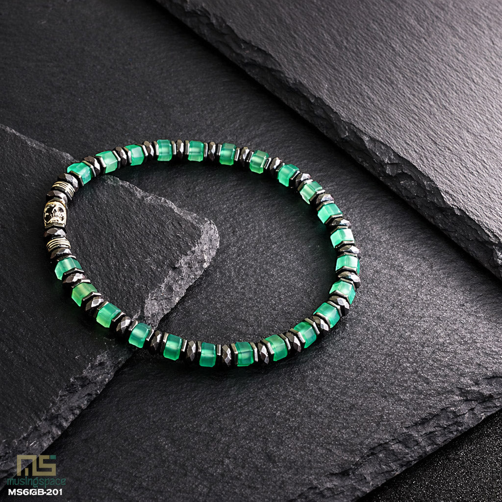 Green Agate Skull Silver - Healing Gemstone Bead Bracelet | 6mm