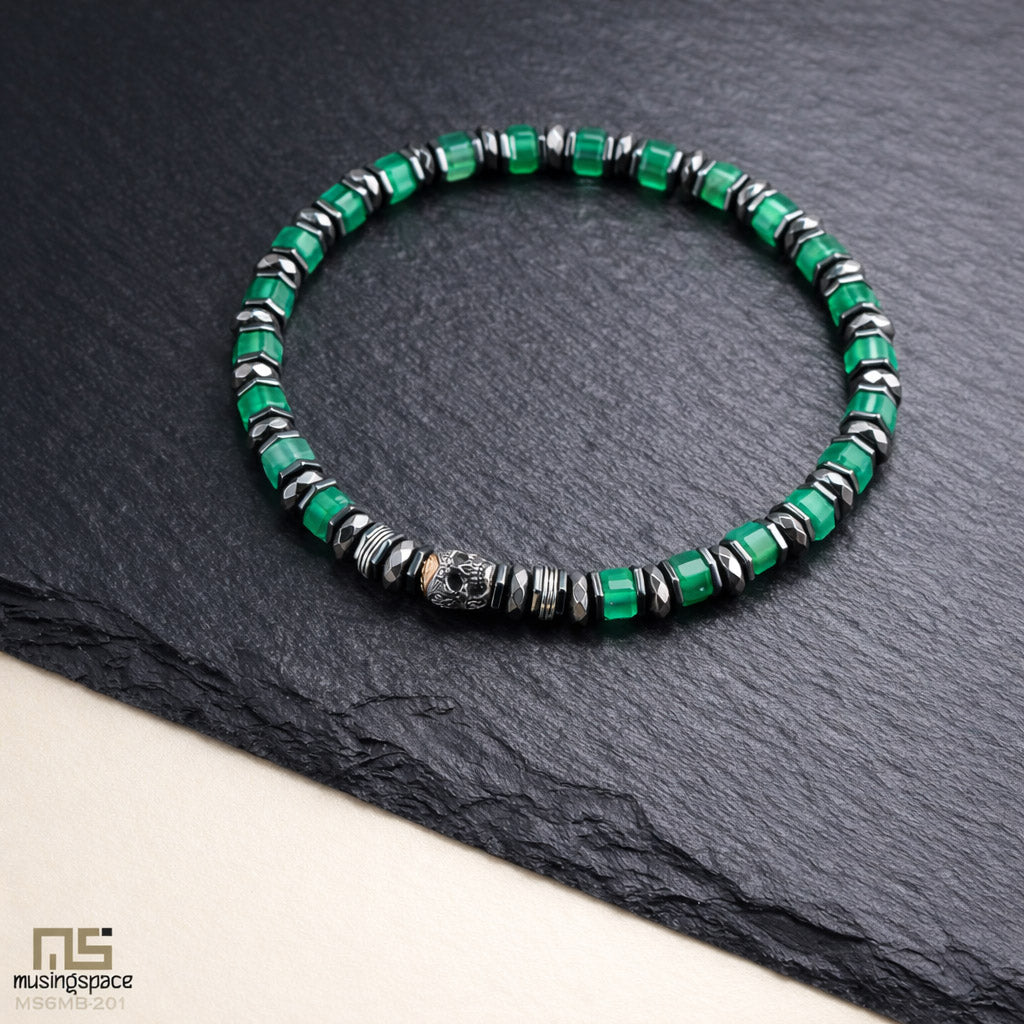 Green Agate Skull Silver - Healing Gemstone Bead Bracelet | 6mm