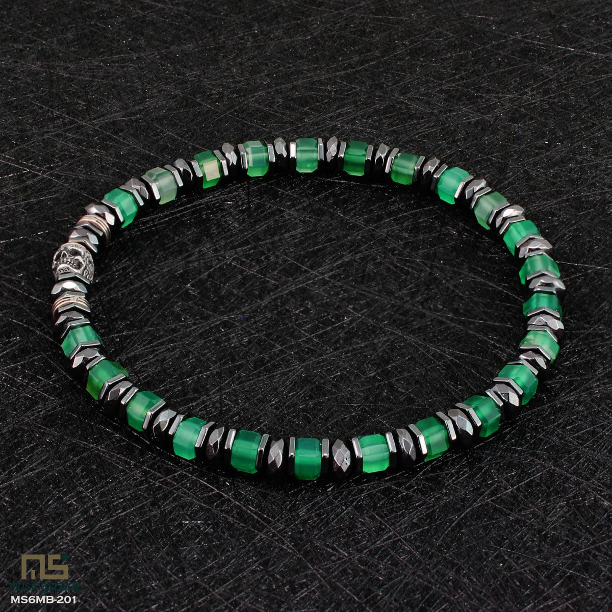 Green Agate Skull Silver - Healing Gemstone Bead Bracelet | 6mm