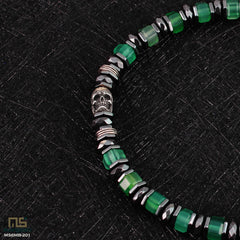 Green Agate Skull Silver - Healing Gemstone Bead Bracelet | 6mm
