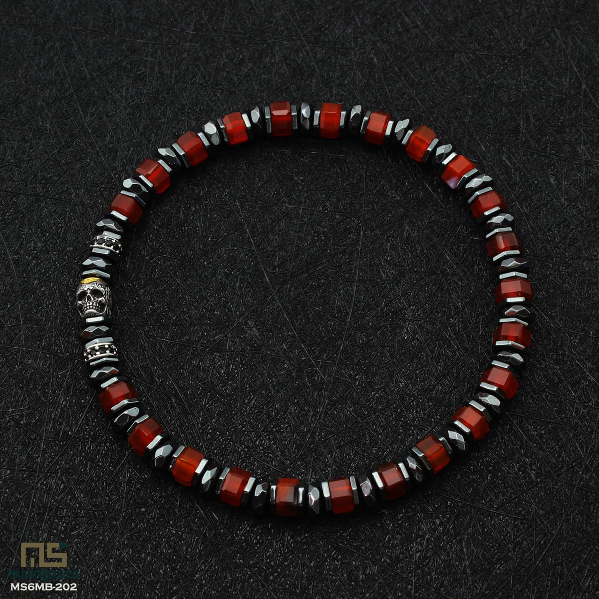 Red Agate Skull Silver - Healing Gemstone Bead Bracelet | 6mm