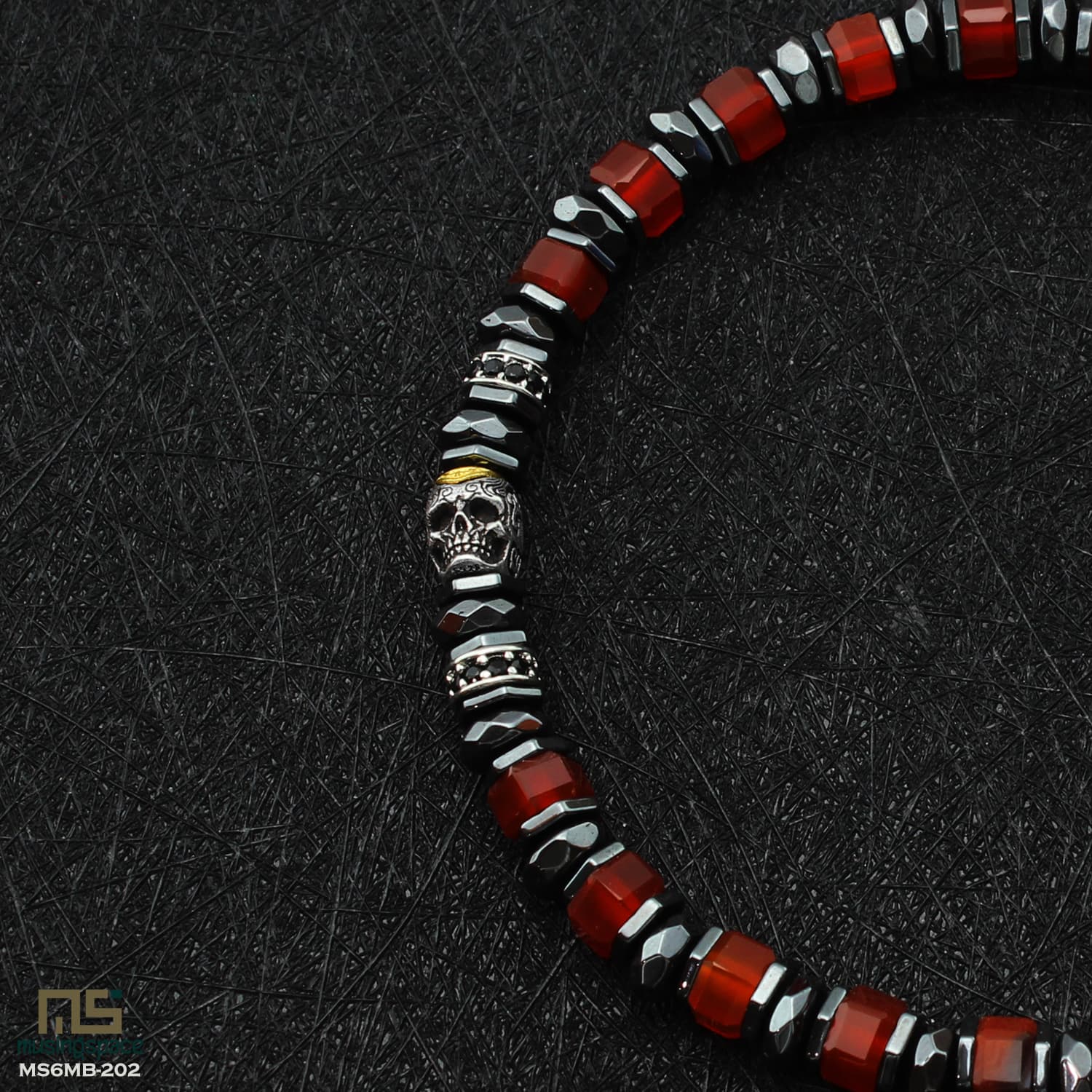 Red Agate Skull Silver - Healing Gemstone Bead Bracelet | 6mm