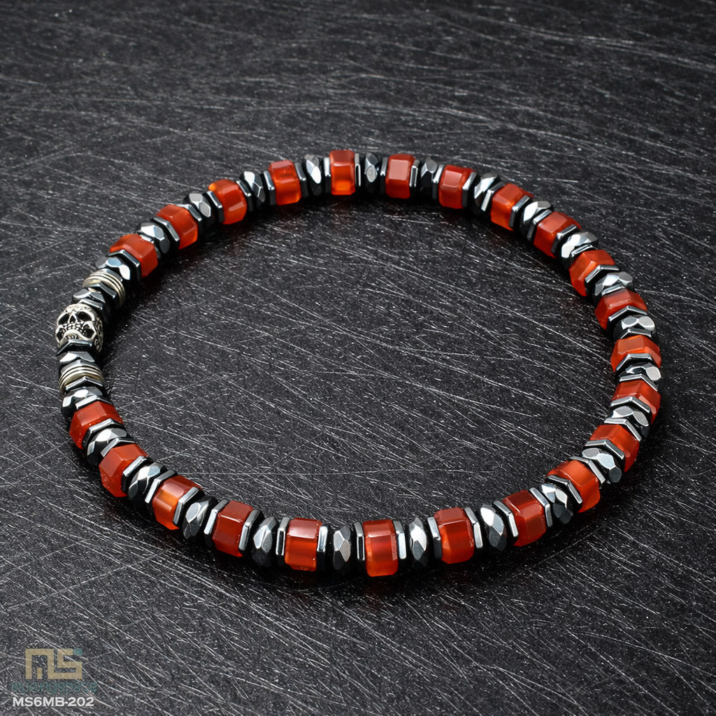 Red Agate Skull Silver - Healing Gemstone Bead Bracelet | 6mm