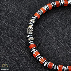 Red Agate Skull Silver - Healing Gemstone Bead Bracelet | 6mm