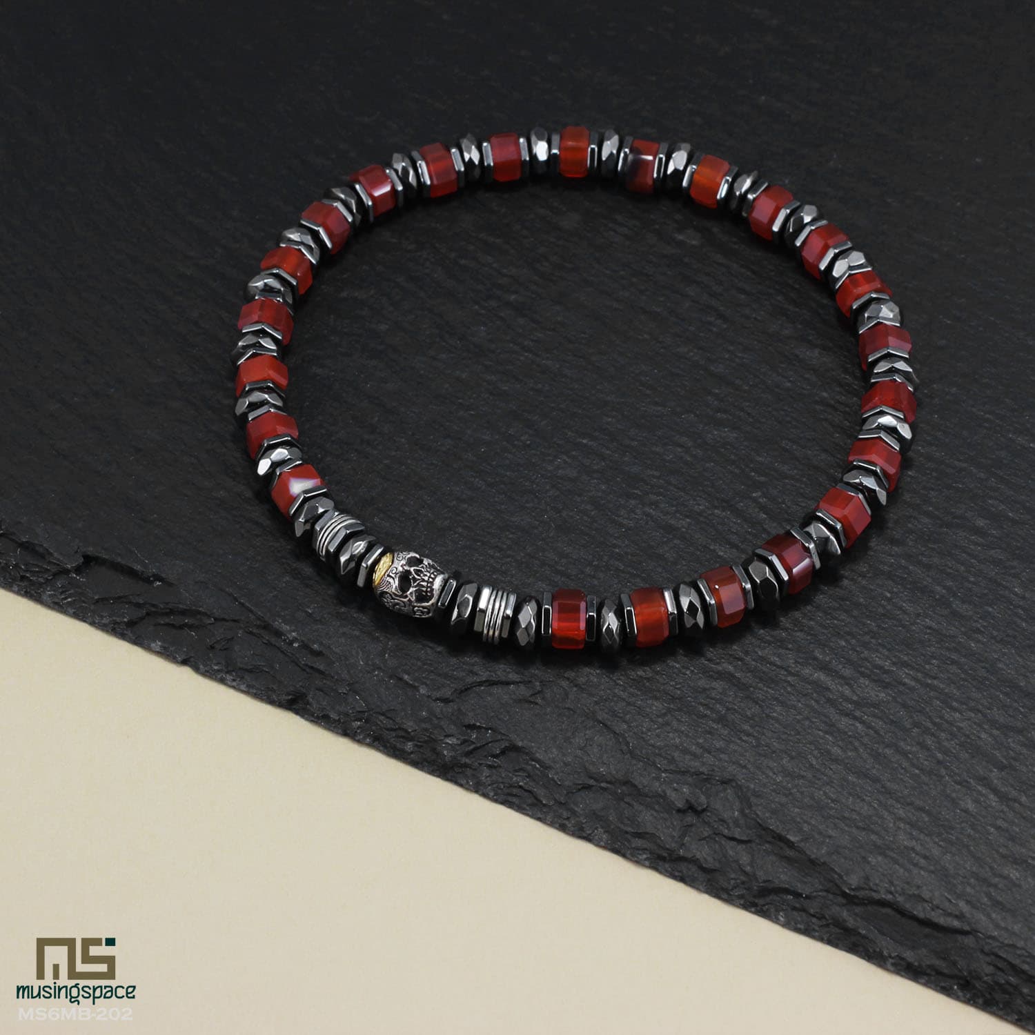 Red Agate Skull Silver - Healing Gemstone Bead Bracelet | 6mm