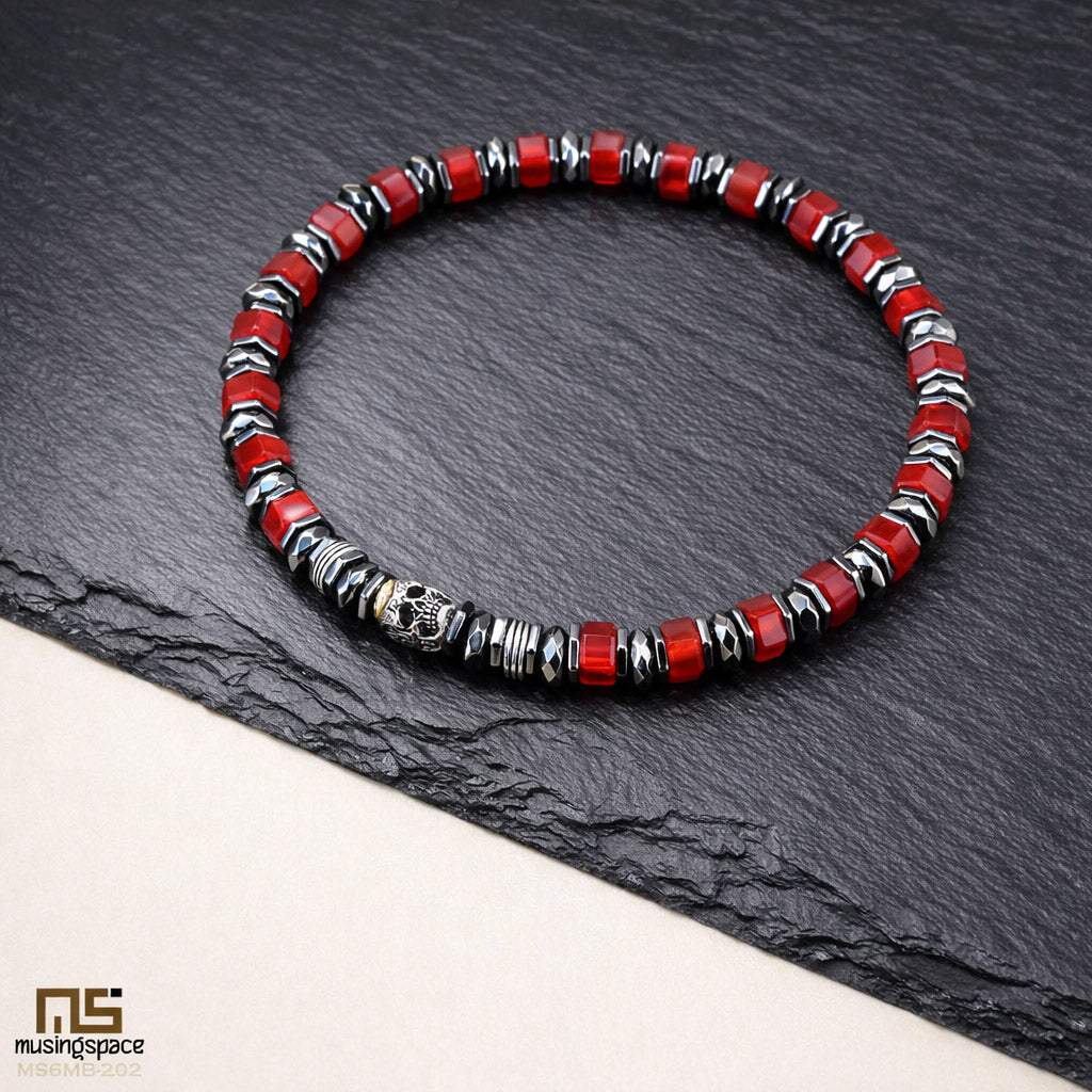 Red Agate Skull Silver - Healing Gemstone Bead Bracelet | 6mm