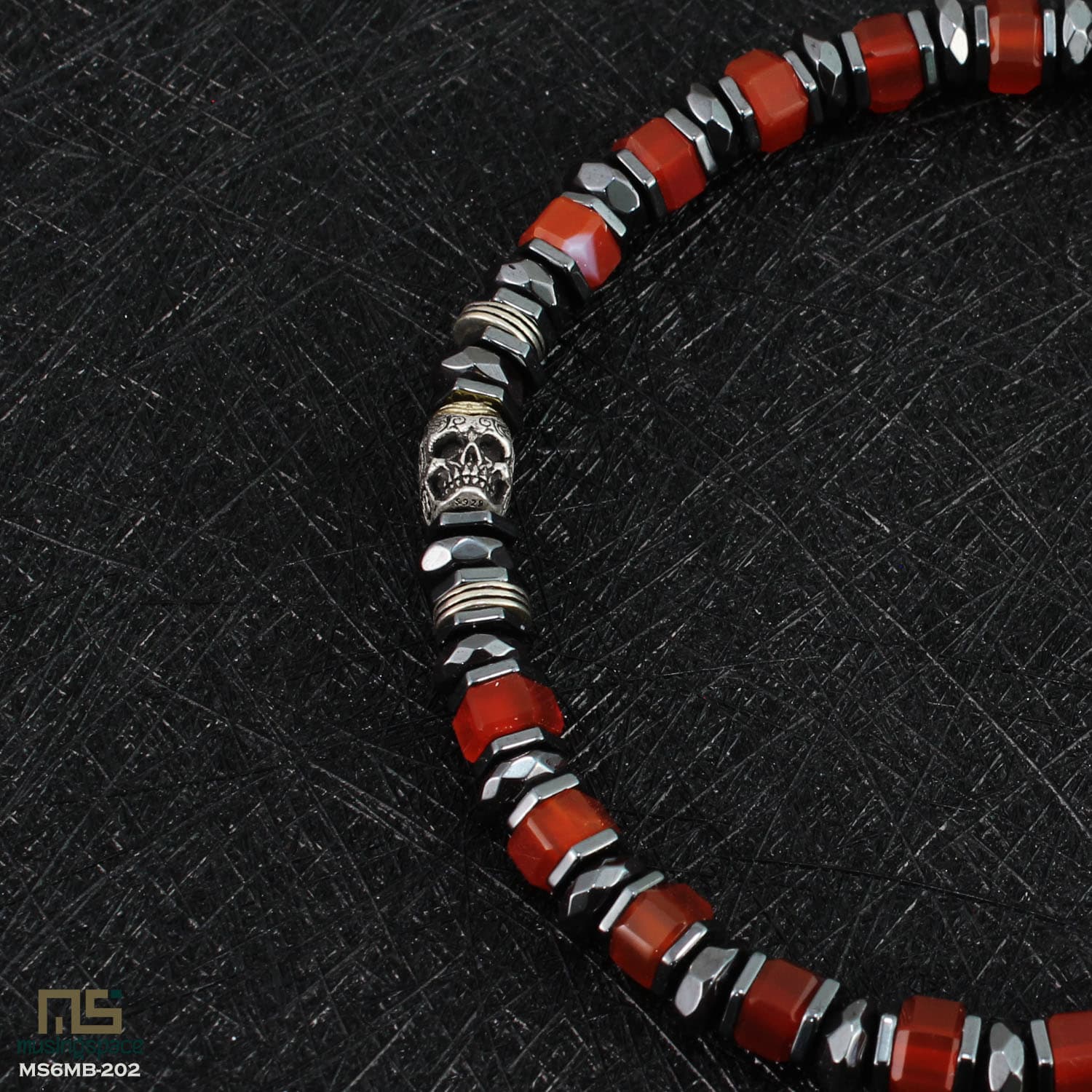 Red Agate Skull Silver - Healing Gemstone Bead Bracelet | 6mm