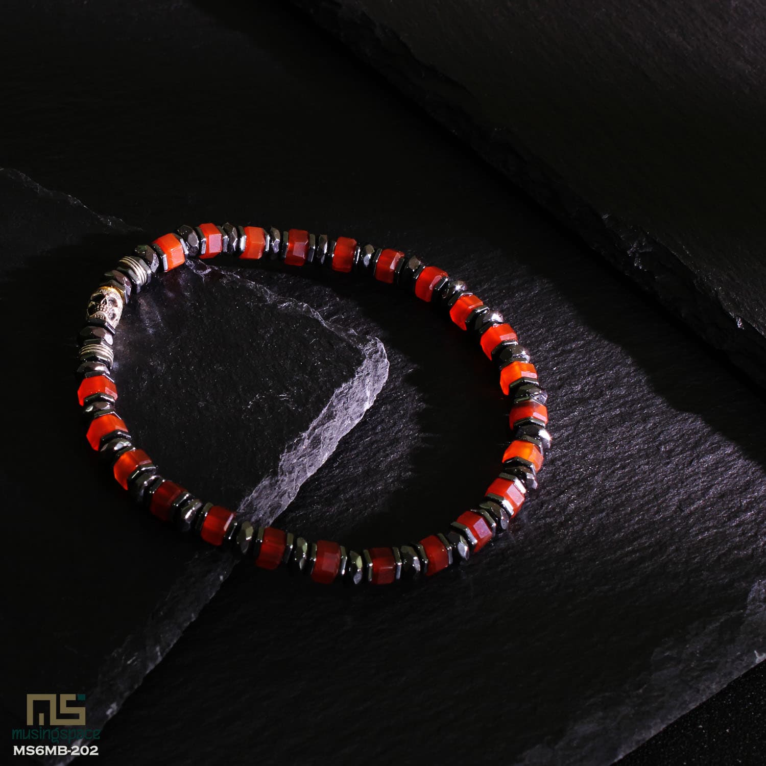 Red Agate Skull Silver - Healing Gemstone Bead Bracelet | 6mm