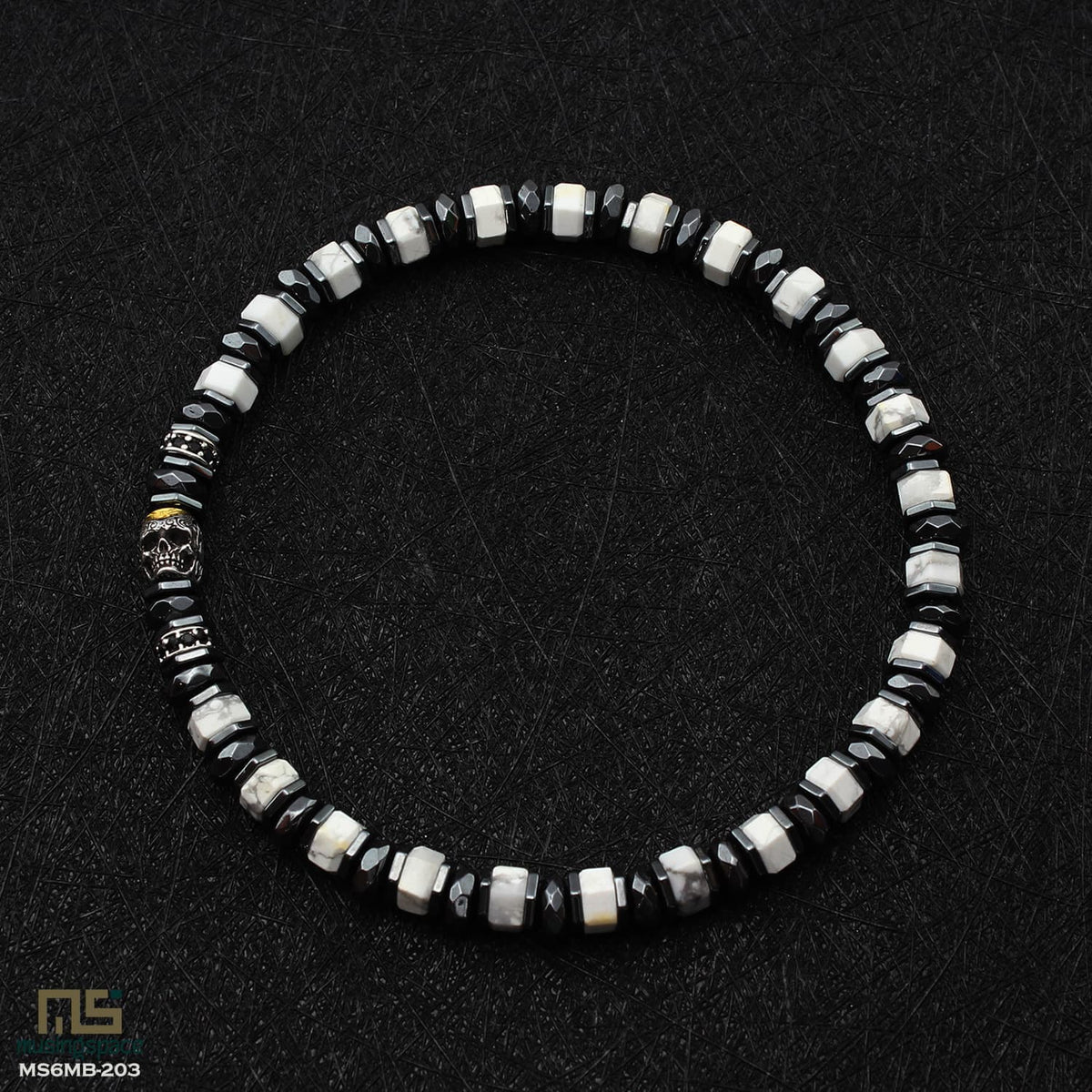 White Howlite Skull Silver - Healing Gemstone Bead Bracelet | 6mm