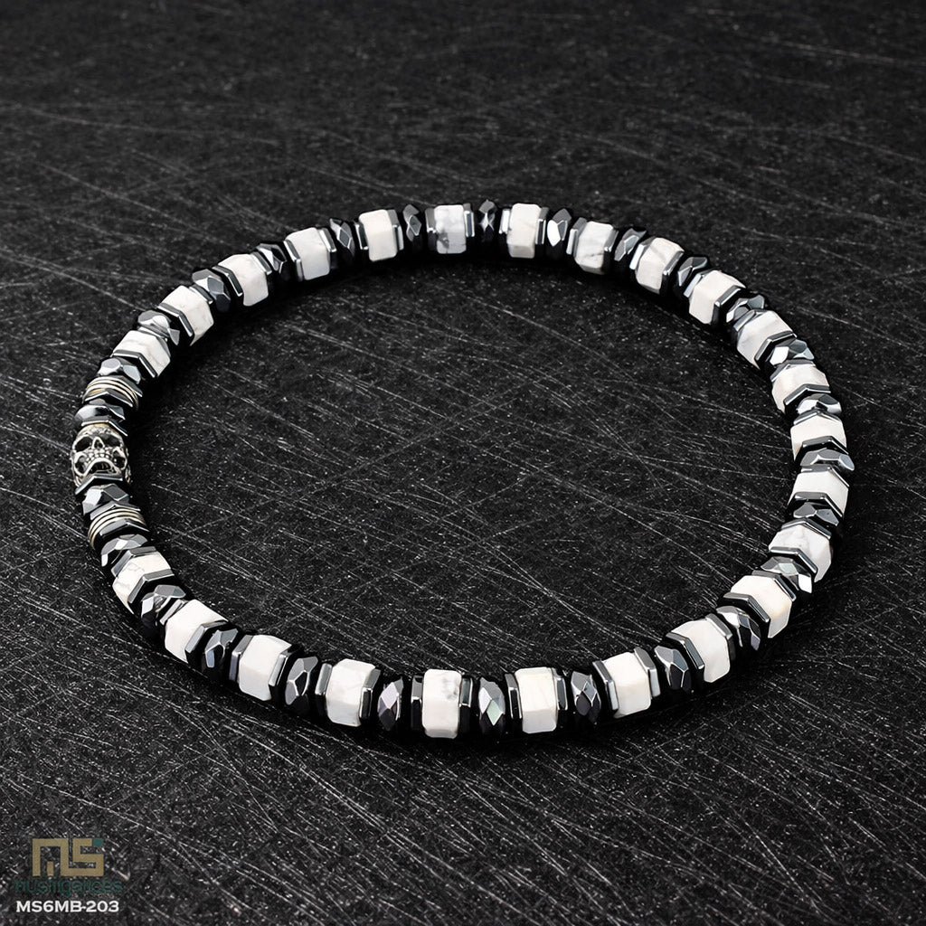 White Howlite Skull Silver - Healing Gemstone Bead Bracelet | 6mm