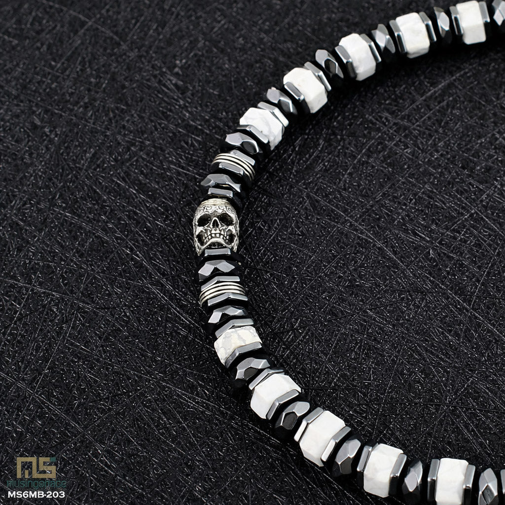 White Howlite Skull Silver - Healing Gemstone Bead Bracelet | 6mm