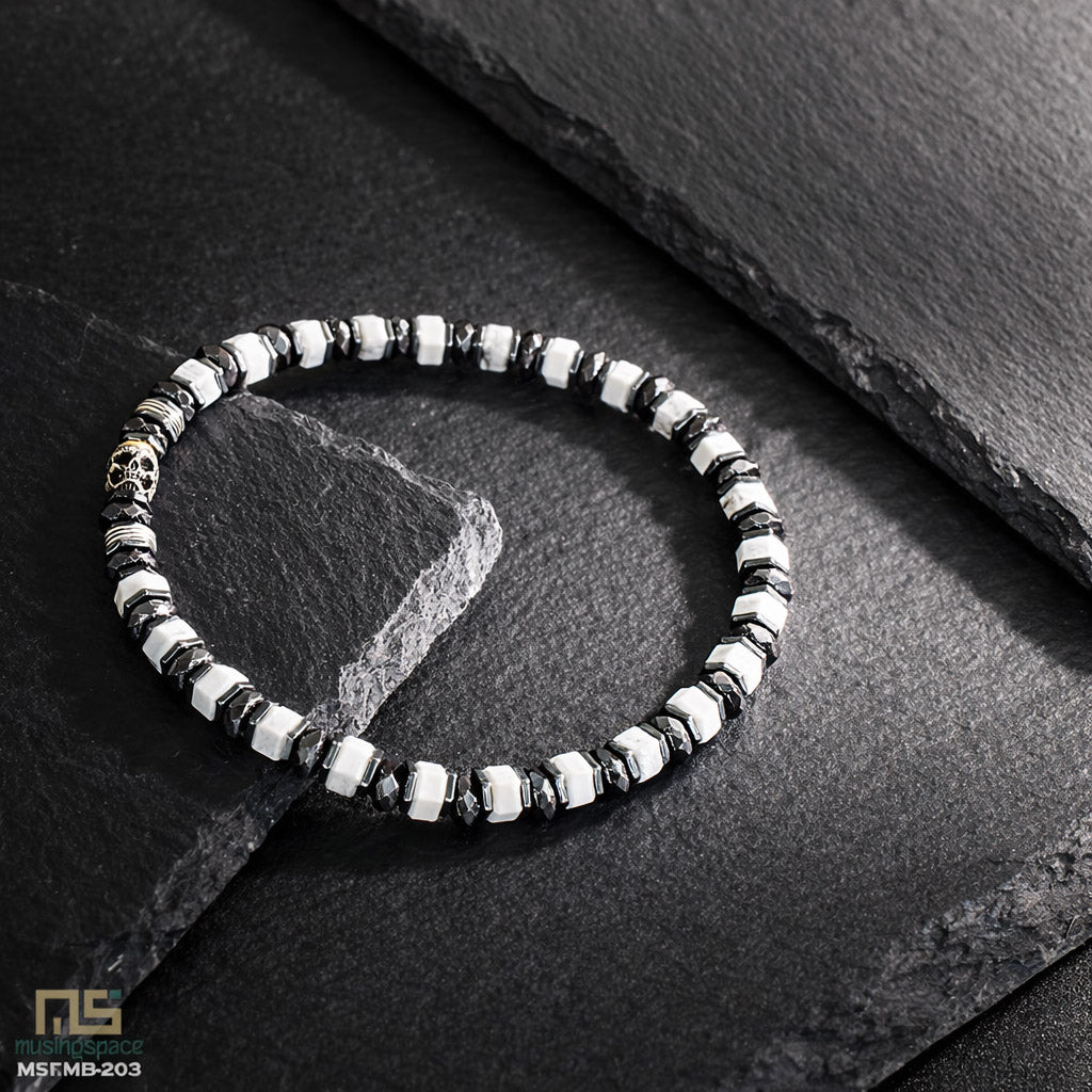White Howlite Skull Silver - Healing Gemstone Bead Bracelet | 6mm