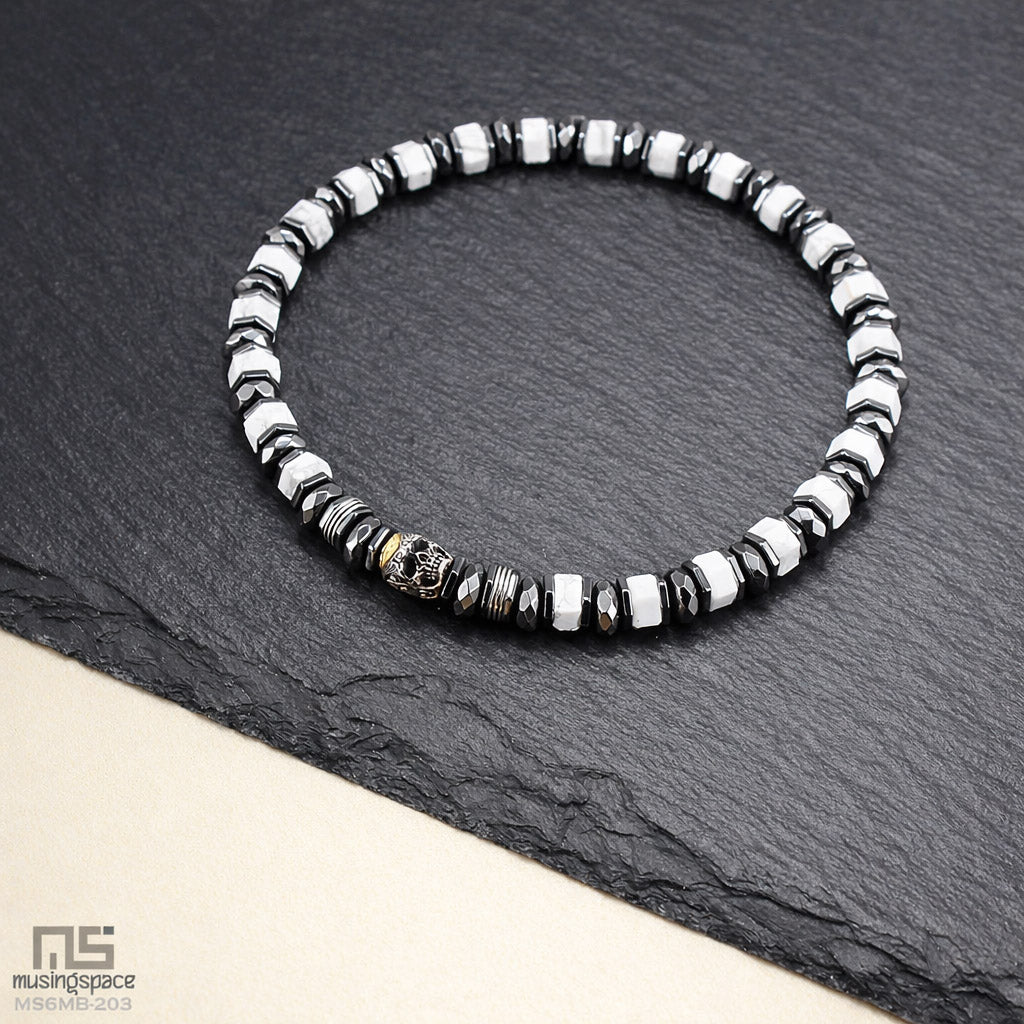 White Howlite Skull Silver - Healing Gemstone Bead Bracelet | 6mm