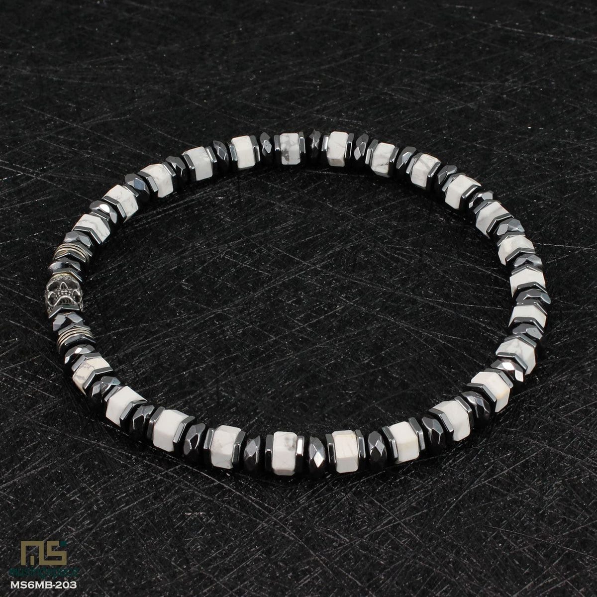 White Howlite Skull Silver - Healing Gemstone Bead Bracelet | 6mm