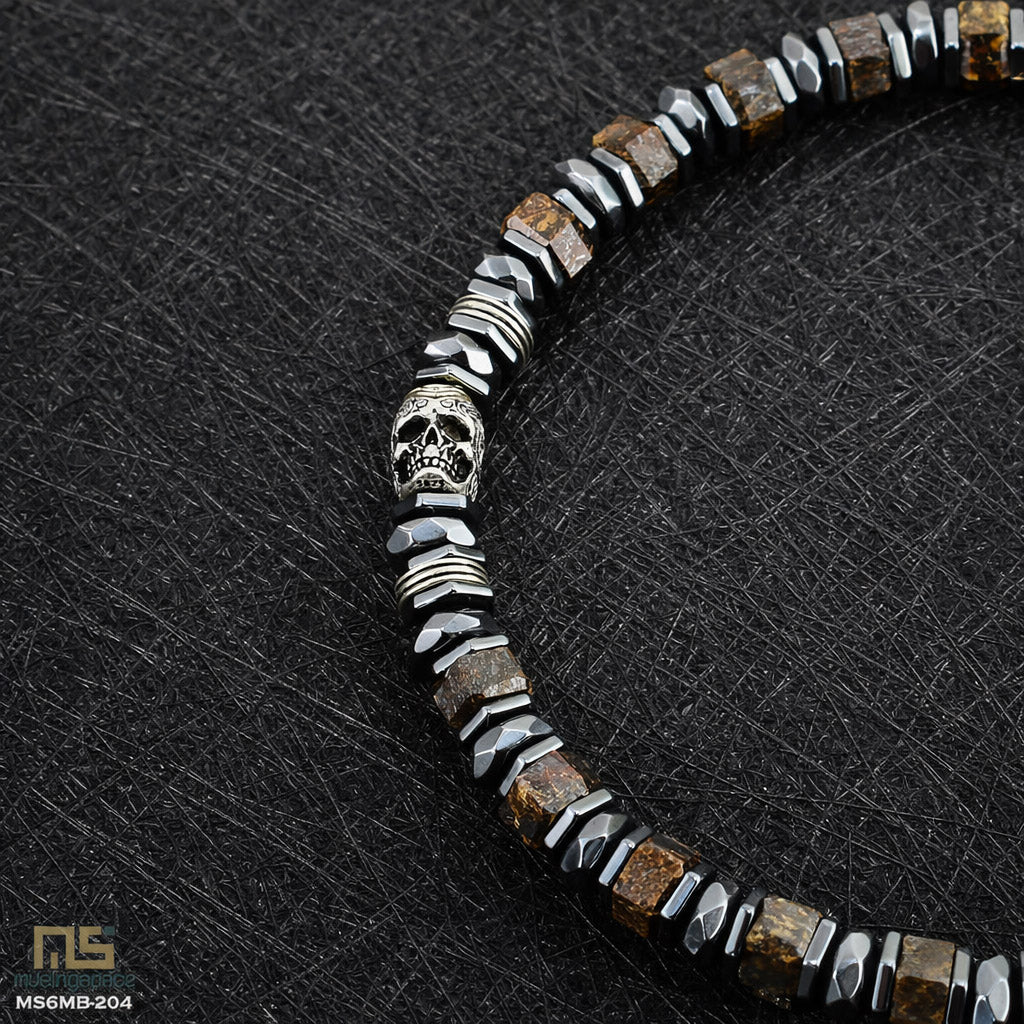 Bronzite Skull Silver - Healing Gemstone Bead Bracelet | 6mm
