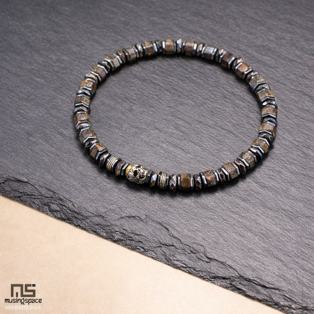 Bronzite Skull Silver - Healing Gemstone Bead Bracelet | 6mm