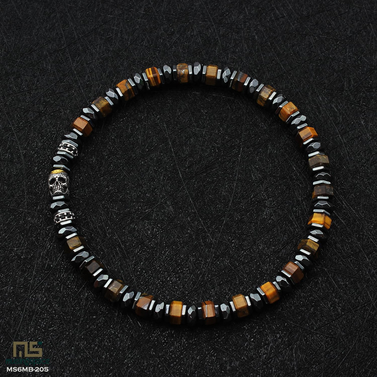 Tiger Eye Skull Silver - Healing Gemstone Bead Bracelet | 6mm