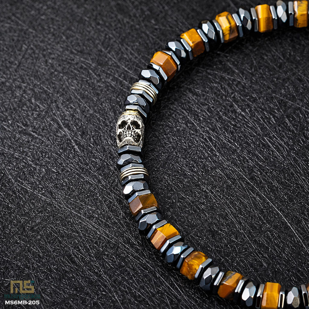 Tiger Eye Skull Silver - Healing Gemstone Bead Bracelet | 6mm