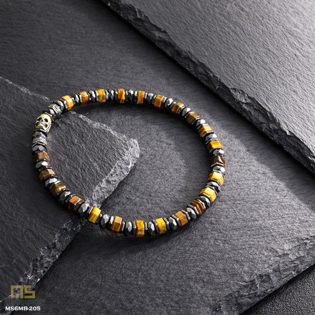 Tiger Eye Skull Silver - Healing Gemstone Bead Bracelet | 6mm