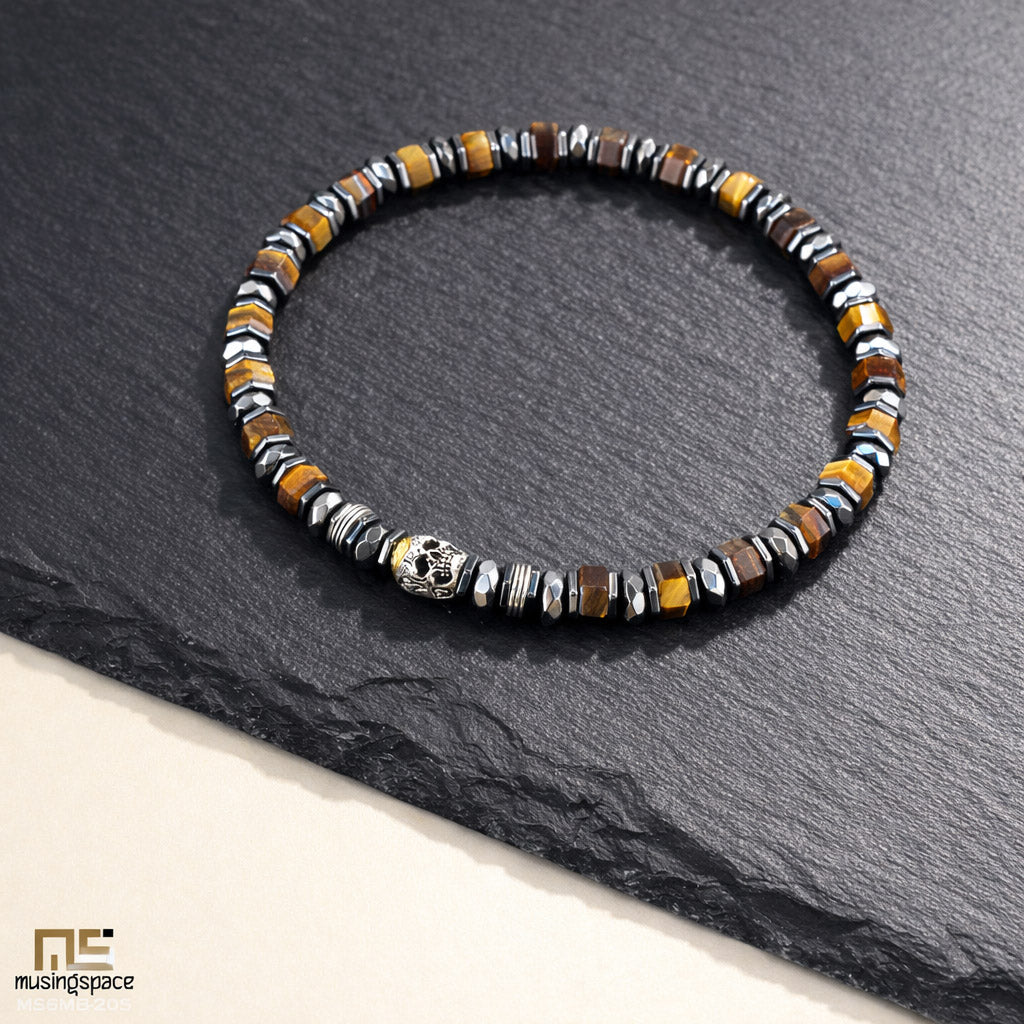 Tiger Eye Skull Silver - Healing Gemstone Bead Bracelet | 6mm