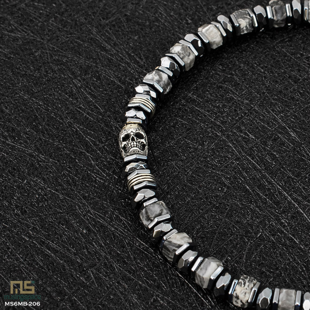 Grey Picture Jasper Skull Silver - Healing Gemstone Bead Bracelet | 6mm #1