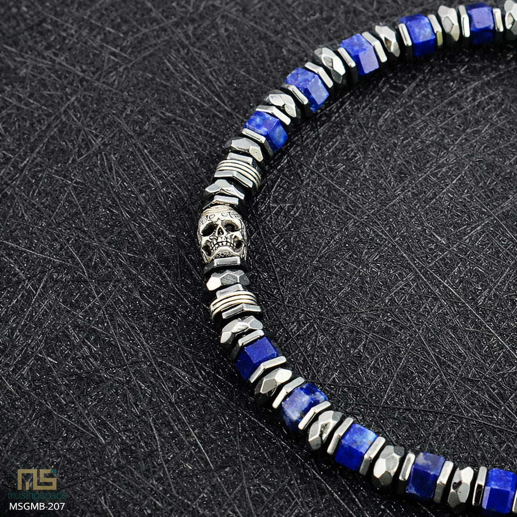 Lapis Lazuli Skull Silver - Healing Gemstone Bead Bracelet | 6mm