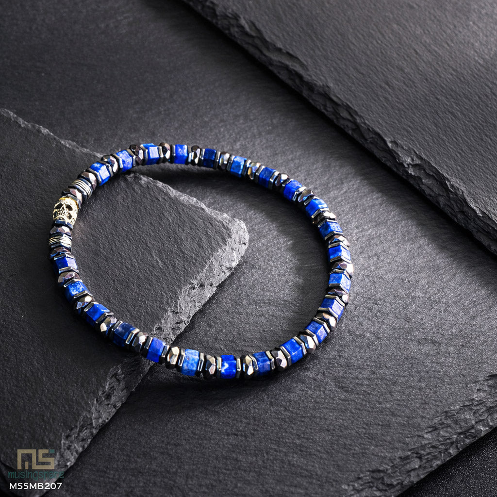 Lapis Lazuli Skull Silver - Healing Gemstone Bead Bracelet | 6mm