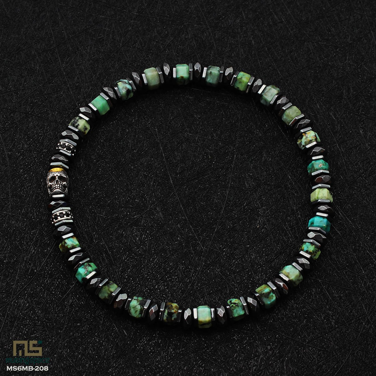 African Turquoise Skull Silver - Healing Gemstone Bead Bracelet | 6mm