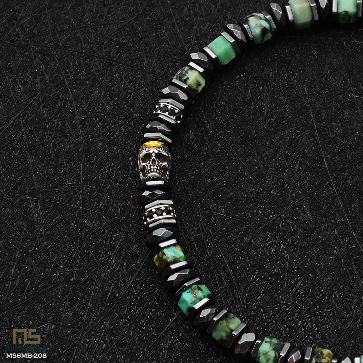 African Turquoise Skull Silver - Healing Gemstone Bead Bracelet | 6mm