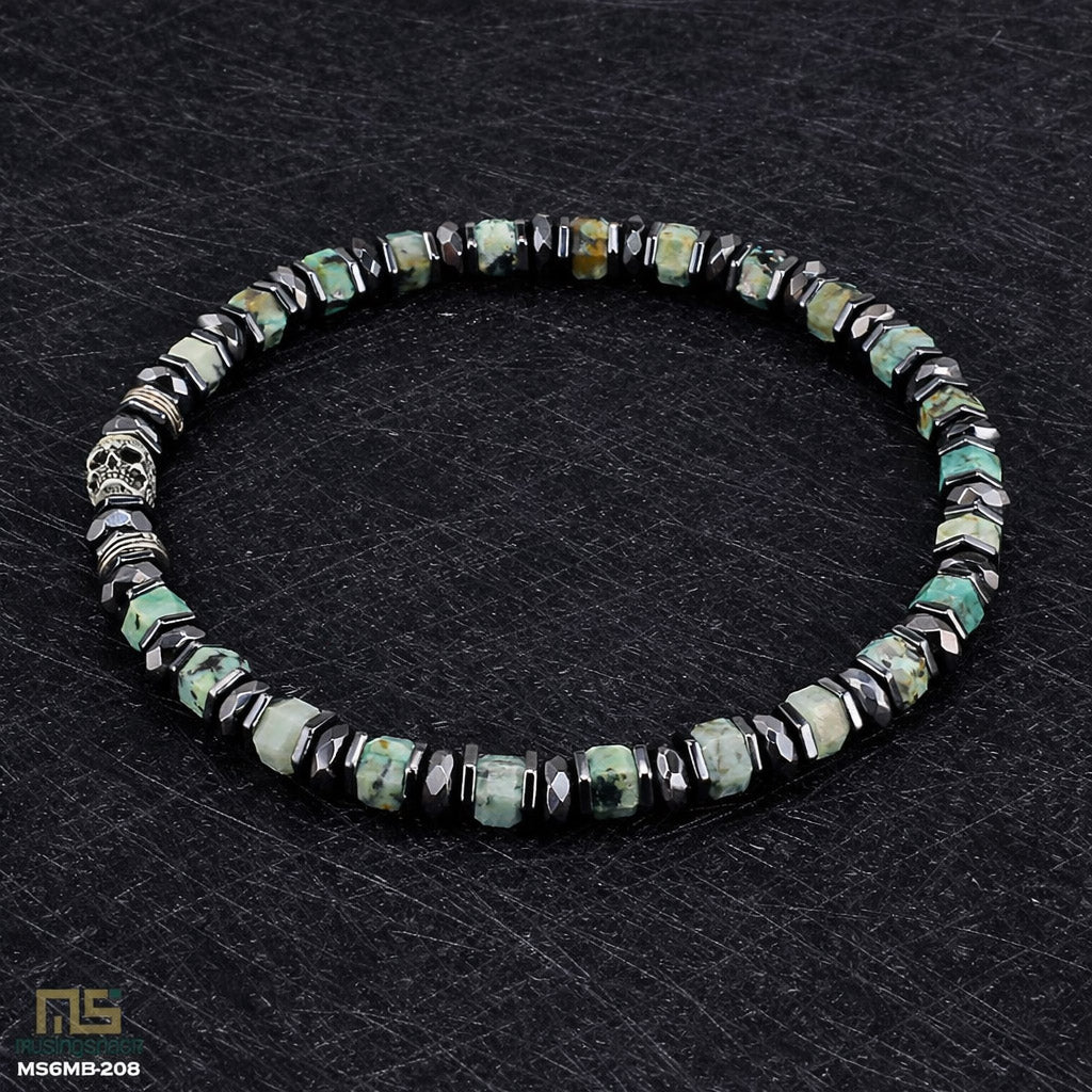 African Turquoise Skull Silver - Healing Gemstone Bead Bracelet | 6mm