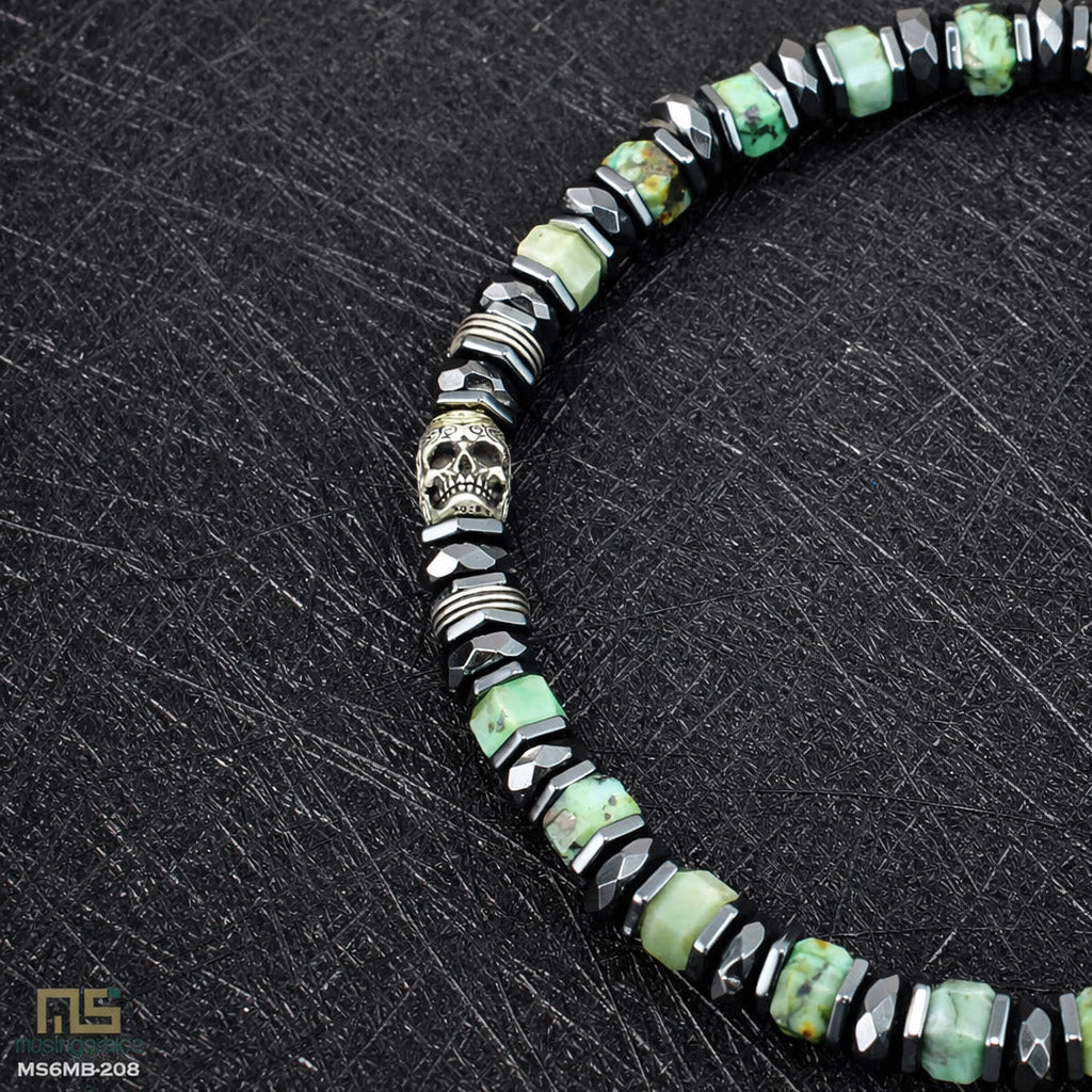 African Turquoise Skull Silver - Healing Gemstone Bead Bracelet | 6mm
