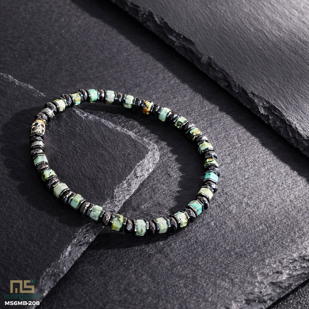 African Turquoise Skull Silver - Healing Gemstone Bead Bracelet | 6mm