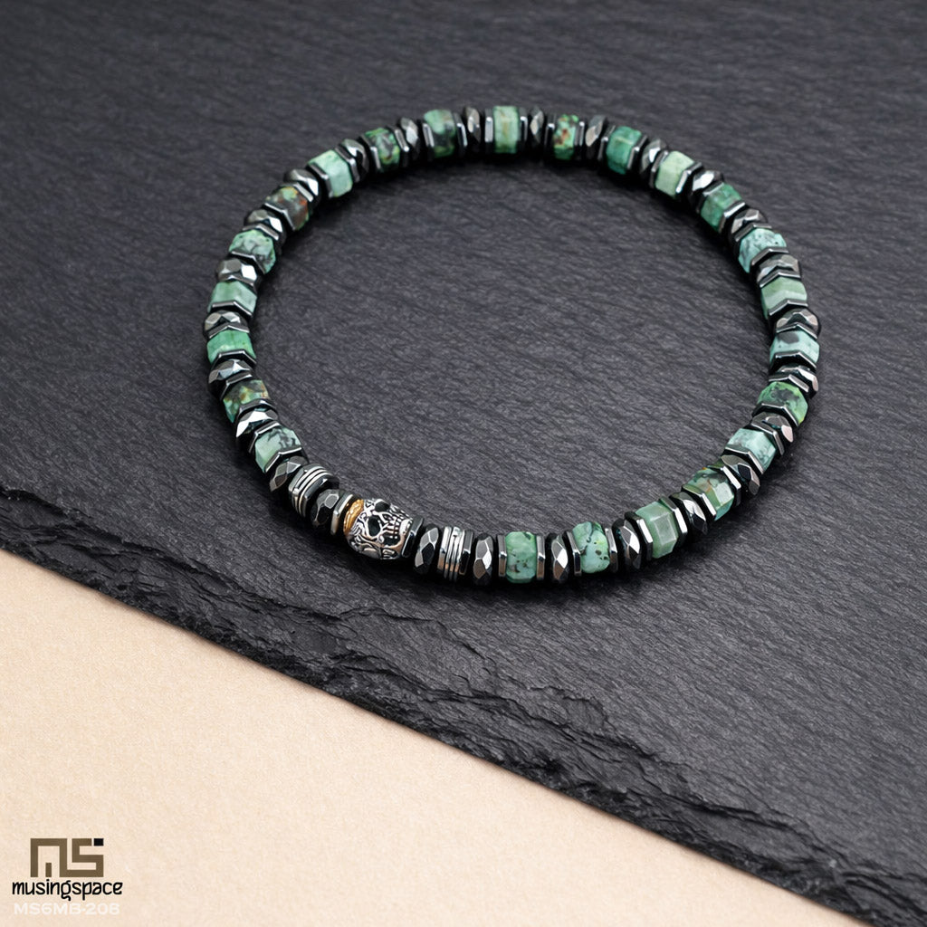 African Turquoise Skull Silver - Healing Gemstone Bead Bracelet | 6mm