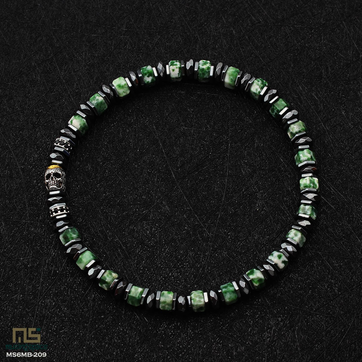 Green Spot Jasper Skull Silver - Healing Gemstone Bead Bracelet | 6mm