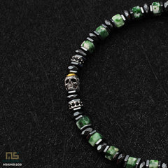 Green Spot Jasper Skull Silver - Healing Gemstone Bead Bracelet | 6mm