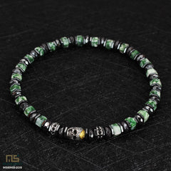 Green Spot Jasper Skull Silver - Healing Gemstone Bead Bracelet | 6mm