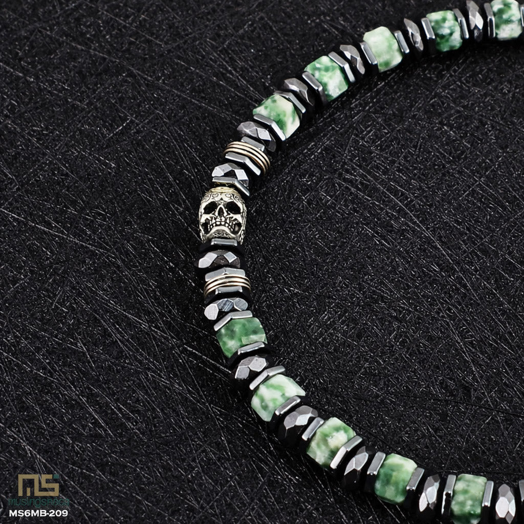 Green Spot Jasper Skull Silver - Healing Gemstone Bead Bracelet | 6mm