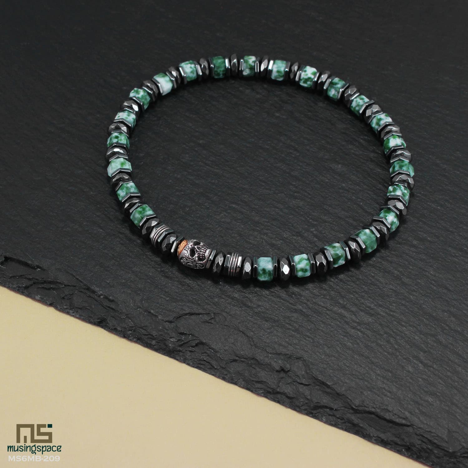 Green Spot Jasper Skull Silver - Healing Gemstone Bead Bracelet | 6mm