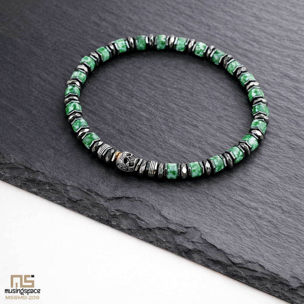 Green Spot Jasper Skull Silver - Healing Gemstone Bead Bracelet | 6mm