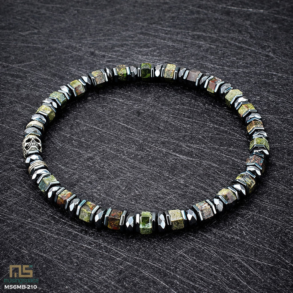 Dragon Blood Jasper Skull Silver - Healing Gemstone Bead Bracelet | 6mm